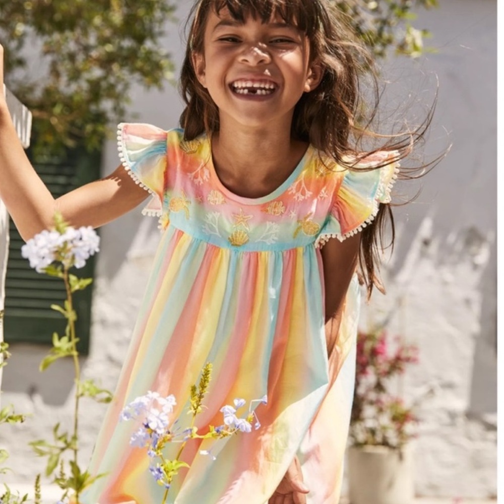 Mini Boden Sea Shell Embroidered Ombre Rainbow Dress 3-4years